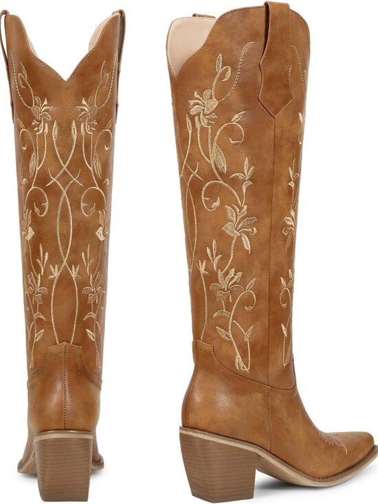 Women's Brown Cowboy Boots Knee High with Pointed Toe Chunky Heel Retro Floral - Picture 6 of 6